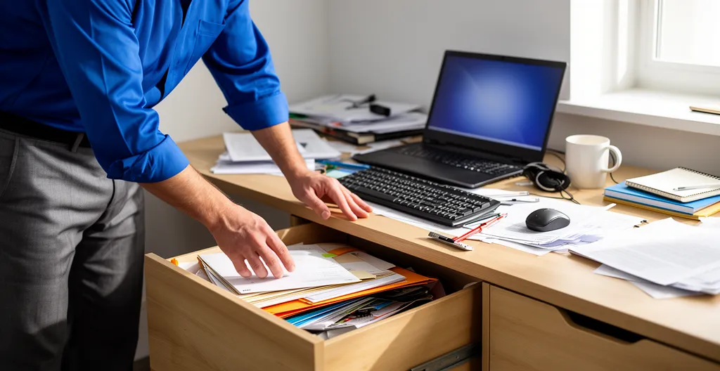 Employé debout examinant l'intérieur d'un tiroir de caisson ouvert