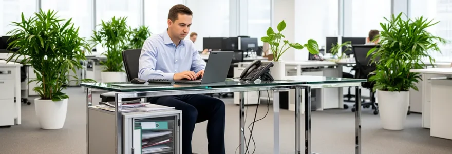 Employé travaillant à son poste avec caisson mobile visible sous le bureau