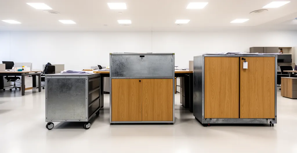 Plusieurs caissons de rangement exposés dans un showroom de mobilier professionnel