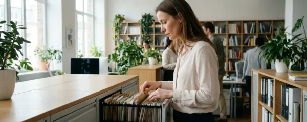 Bureau professionnel moderne avec caisson de rangement montrant organisation intérieure