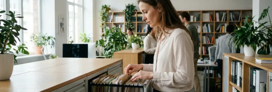 Bureau professionnel moderne avec caisson de rangement montrant organisation intérieure
