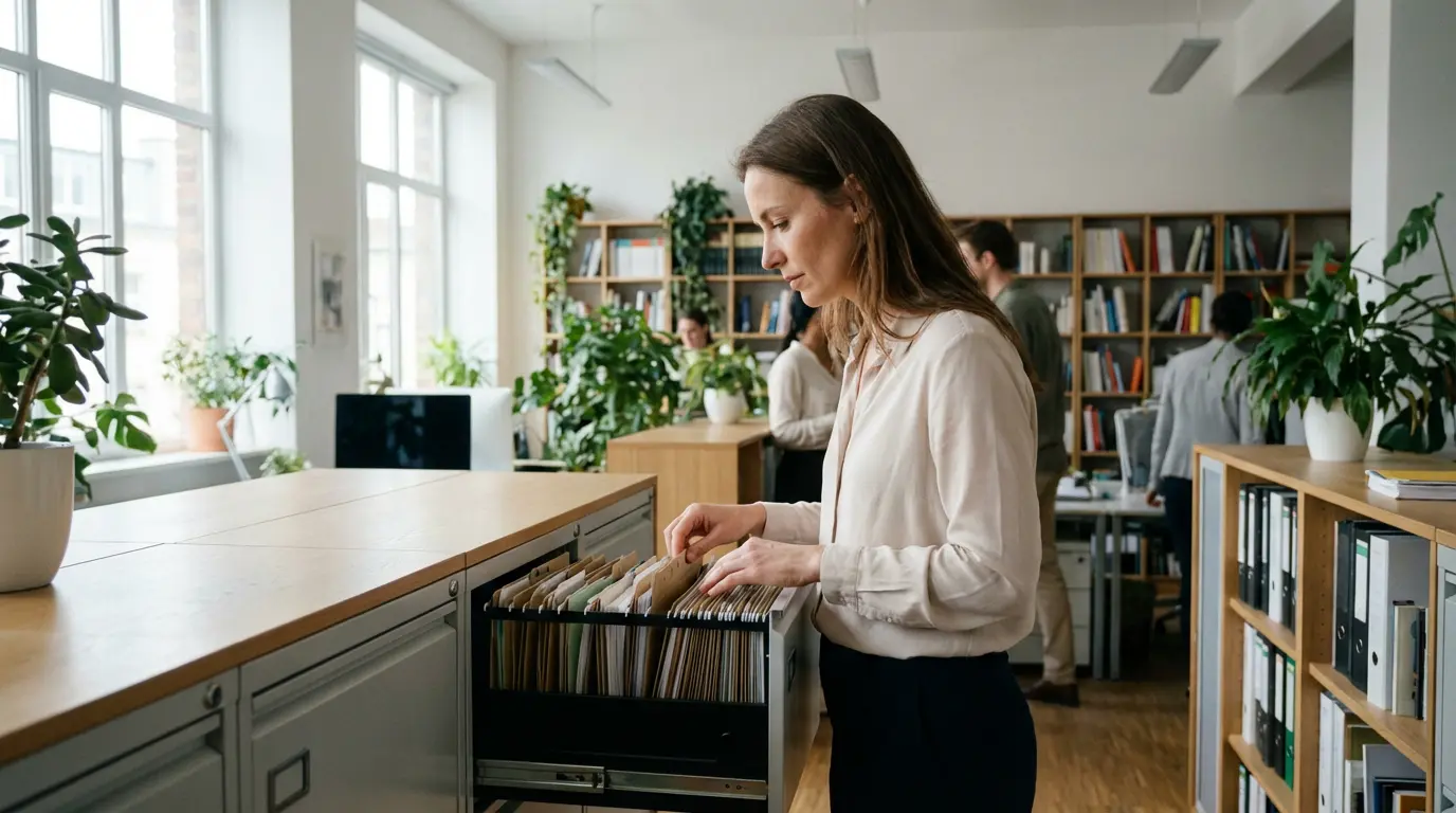 Bureau professionnel moderne avec caisson de rangement montrant organisation intérieure