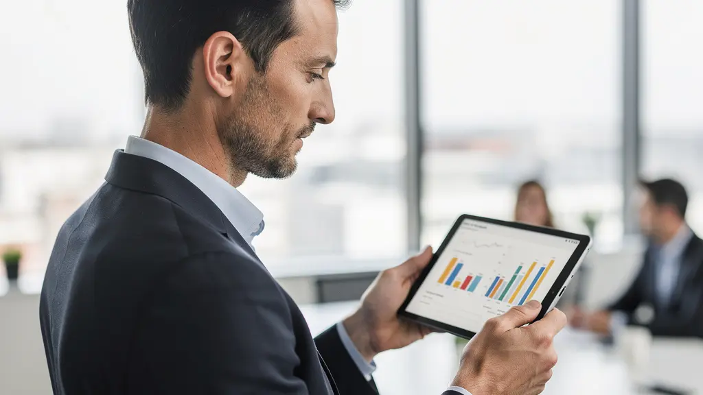 Consultant analysant les critères de choix portage salarial sur tablette dans un bureau lumineux