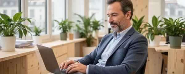 Consultant français travaillant sereinement sur son ordinateur dans un espace de coworking lumineux