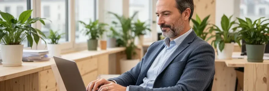 Consultant français travaillant sereinement sur son ordinateur dans un espace de coworking lumineux