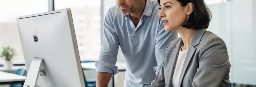 Consultant français en discussion avec un conseiller portage salarial dans un espace de coworking moderne