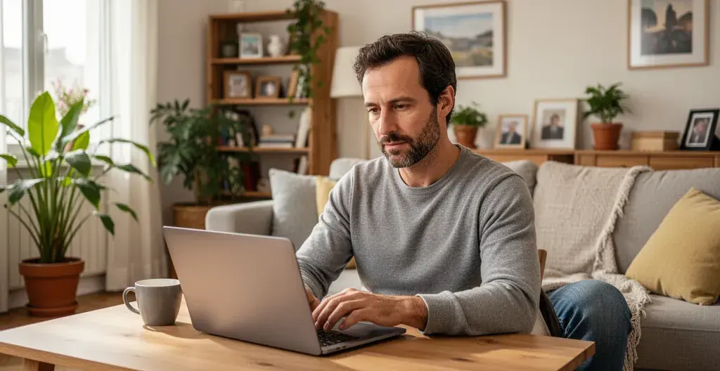 Professionnel français travaillant depuis son salon lumineux sur son ordinateur portable