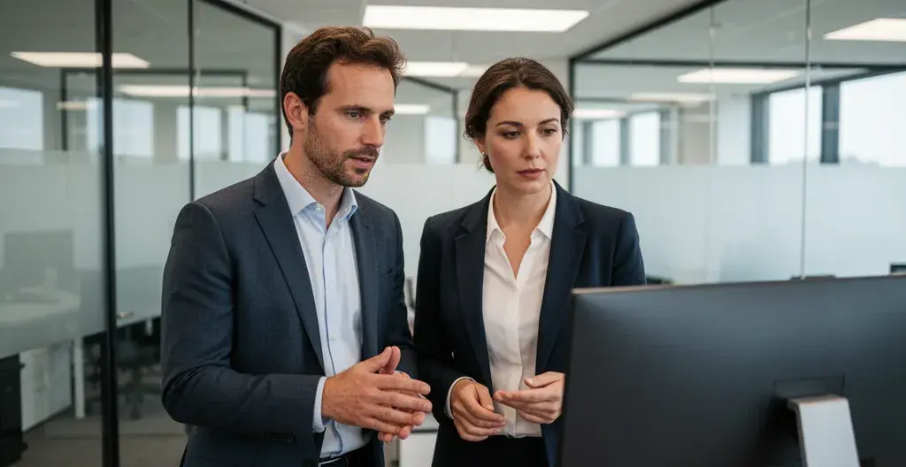 Deux professionnels en discussion collaborative devant un écran dans un bureau moderne