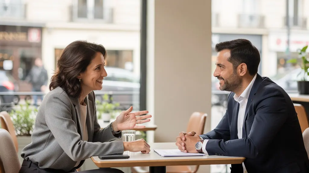 Entretien informel entre une consultante et un conseiller portage salarial dans un café professionnel