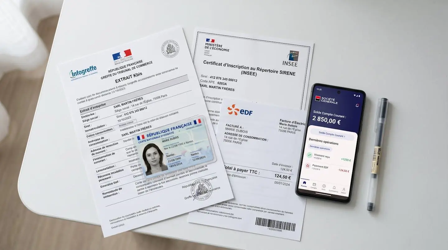 Vue de dessus de documents administratifs français pour ouverture compte professionnel : extrait Kbis, carte d'identité CNI, avis SIRENE et justificatif de domicile disposés sur un bureau blanc