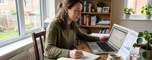 Un blogueur compare ses prévisions de revenus et son ordinateur portable dans un bureau lumineux.