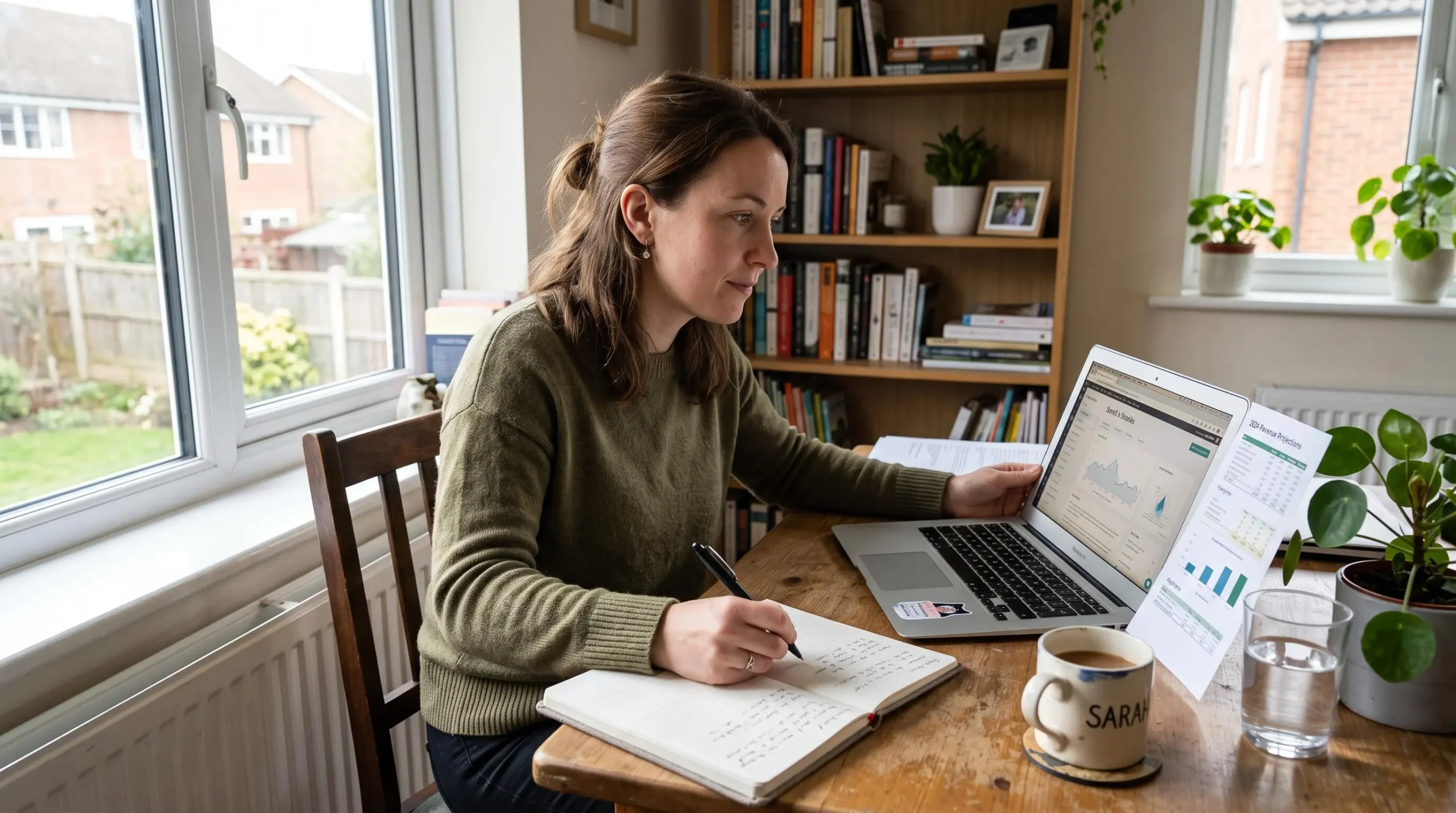 Un blogueur compare ses prévisions de revenus et son ordinateur portable dans un bureau lumineux.