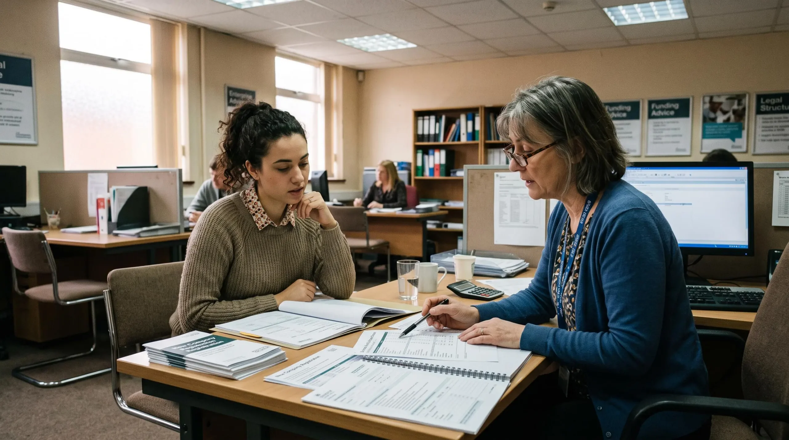 Une entrepreneuse échange avec un conseiller devant des documents posés sur un bureau.