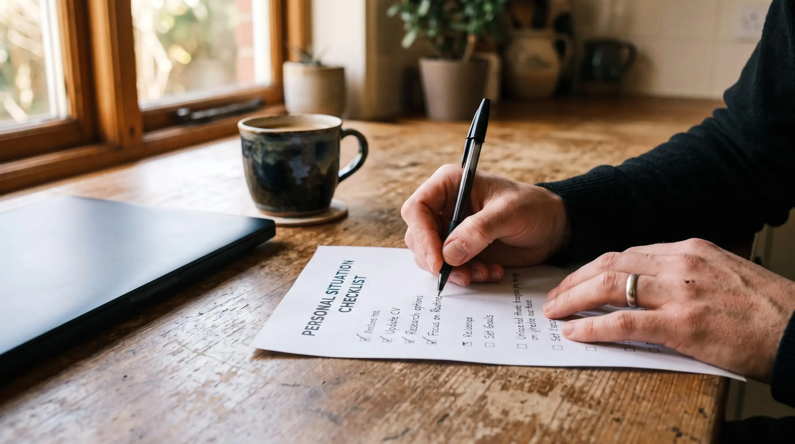 Des mains annotent une grille de critères imprimée posée sur une table en bois.
