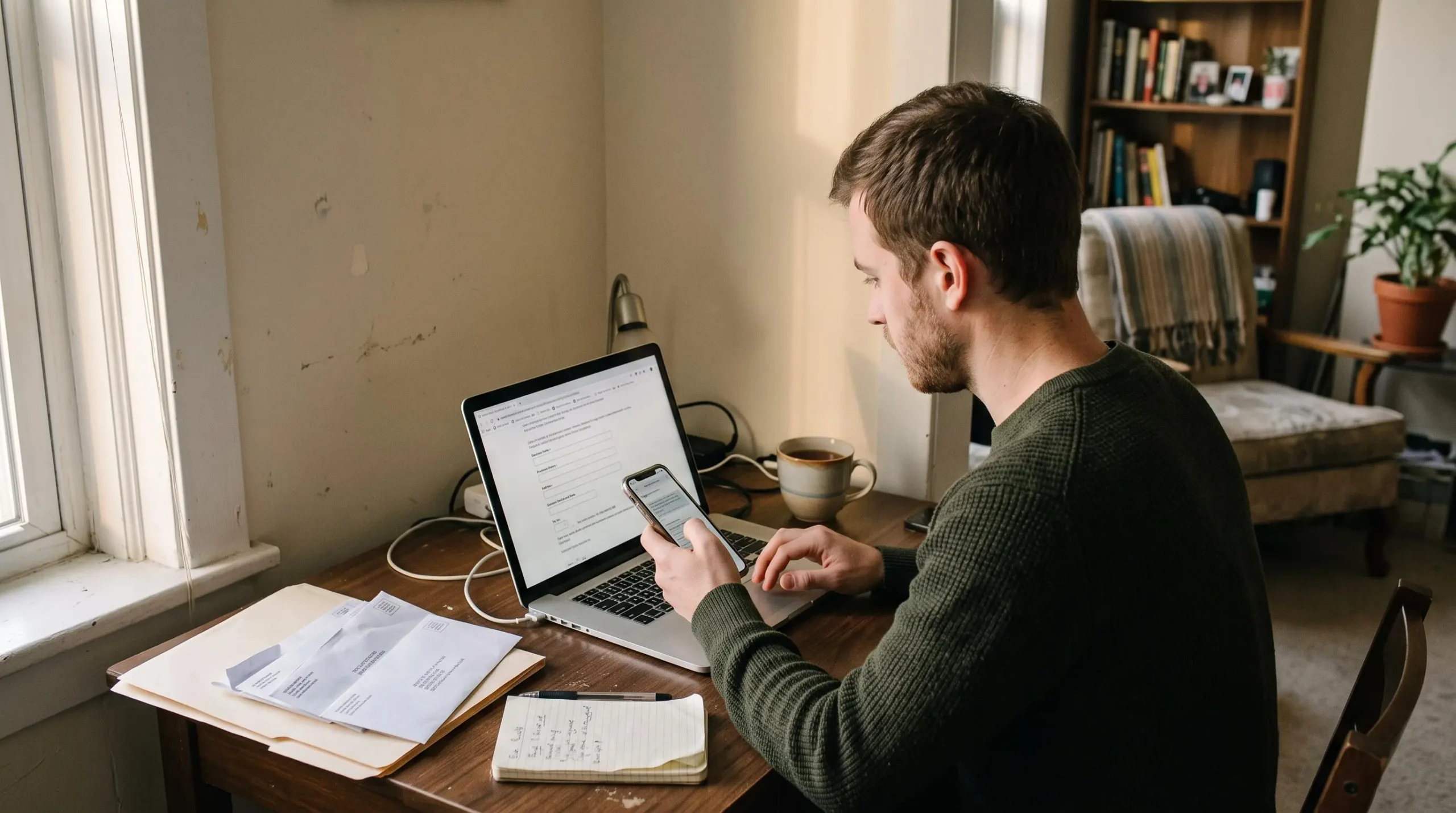 Une personne remplit un formulaire d'immatriculation sur ordinateur portable depuis son appartement.